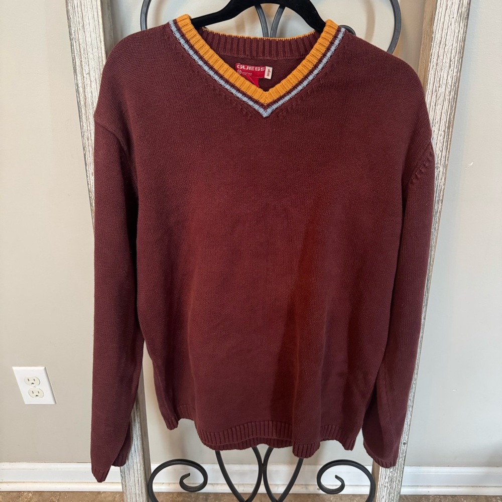 Guess V Neck Sweater Mens L Burgundy Mustard‎ Trim Cotton Preppy